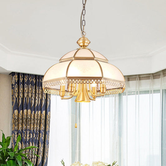 Milk Glass Dome Chandelier Lamp Colonial 5 Heads Bedroom Pendant Light Fixture in Brass Brass Clearhalo 'Ceiling Lights' 'Chandeliers' 'Glass shade' 'Glass' Lighting' 284837