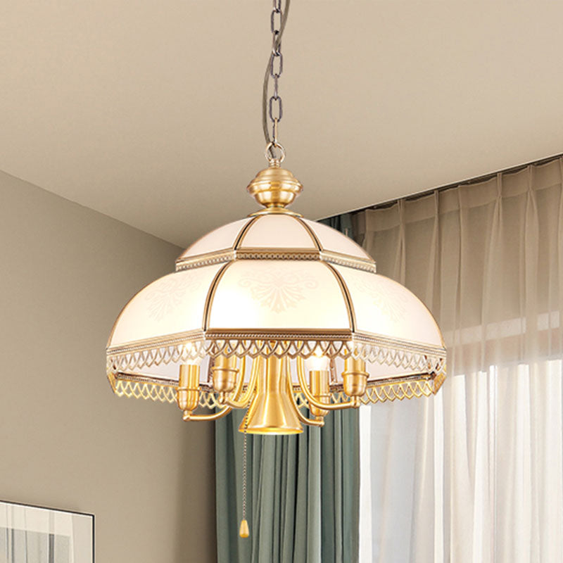 Milk Glass Dome Chandelier Lamp Colonial 5 Heads Bedroom Pendant Light Fixture in Brass Clearhalo 'Ceiling Lights' 'Chandeliers' 'Glass shade' 'Glass' Lighting' 284838