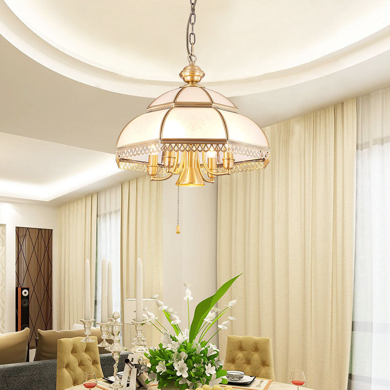 Milk Glass Dome Chandelier Lamp Colonial 5 Heads Bedroom Pendant Light Fixture in Brass Clearhalo 'Ceiling Lights' 'Chandeliers' 'Glass shade' 'Glass' Lighting' 284839