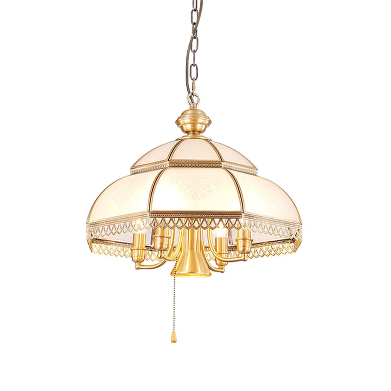 Milk Glass Dome Chandelier Lamp Colonial 5 Heads Bedroom Pendant Light Fixture in Brass Clearhalo 'Ceiling Lights' 'Chandeliers' 'Glass shade' 'Glass' Lighting' 284840