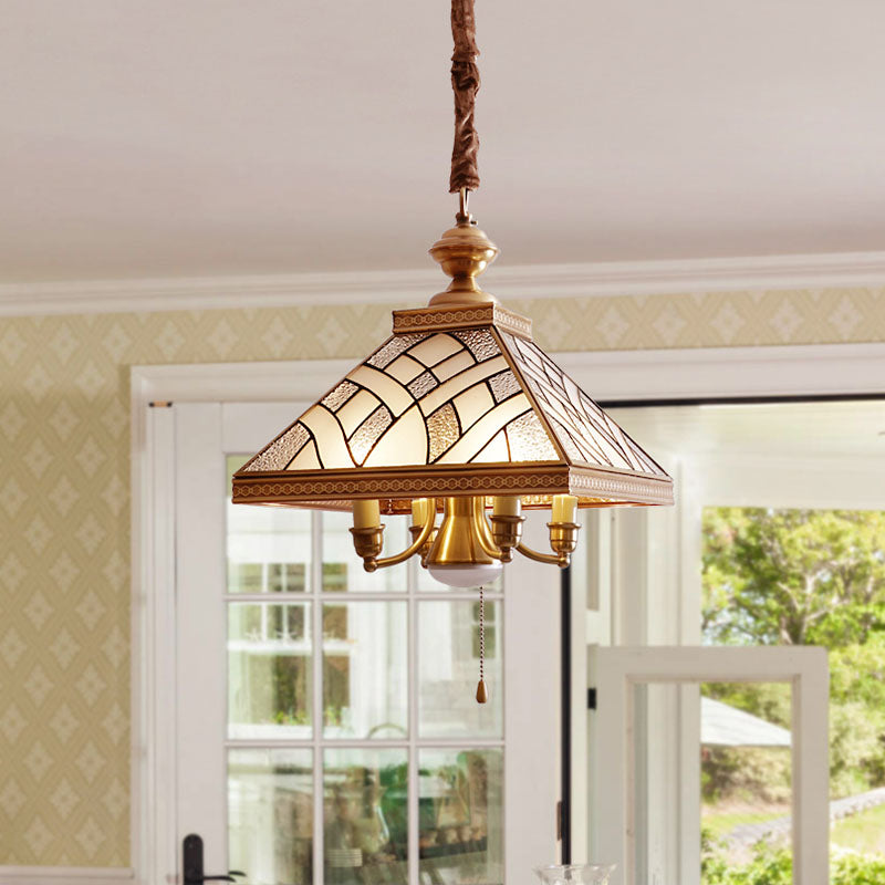 Frosted Glass Brass Chandelier Pyramid 5 Lights Colonialism Down Lighting Pendant for Dining Table Brass Clearhalo 'Ceiling Lights' 'Chandeliers' 'Glass shade' 'Glass' Lighting' 284842