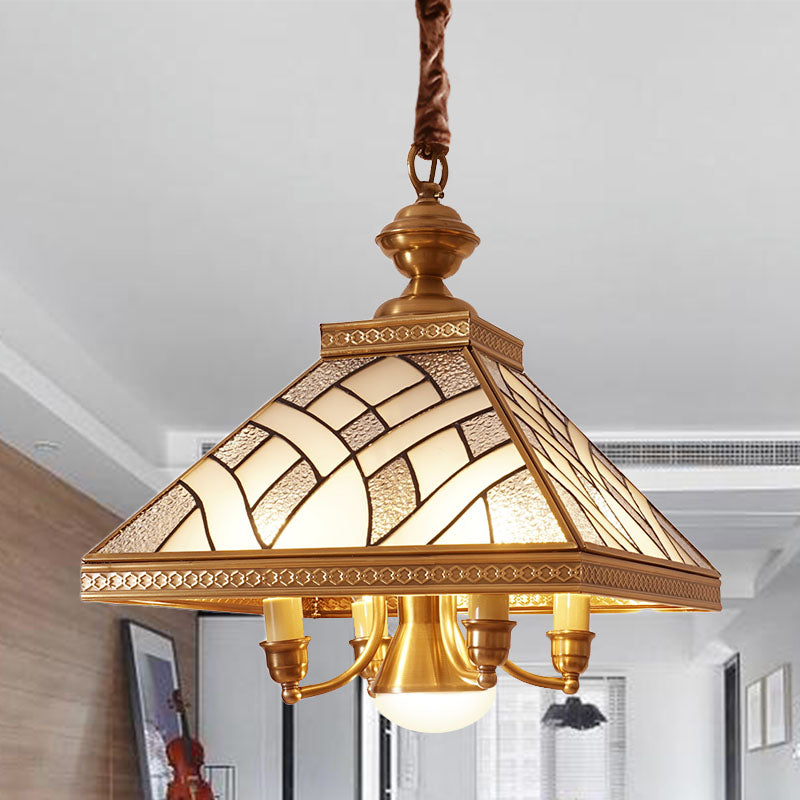 Frosted Glass Brass Chandelier Pyramid 5 Lights Colonialism Down Lighting Pendant for Dining Table Clearhalo 'Ceiling Lights' 'Chandeliers' 'Glass shade' 'Glass' Lighting' 284843