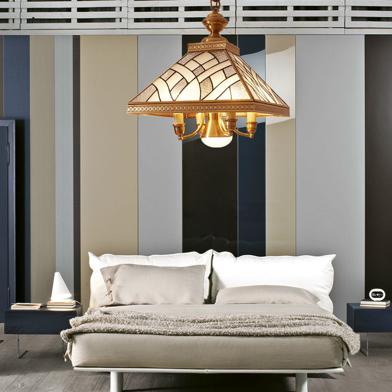 Frosted Glass Brass Chandelier Pyramid 5 Lights Colonialism Down Lighting Pendant for Dining Table Clearhalo 'Ceiling Lights' 'Chandeliers' 'Glass shade' 'Glass' Lighting' 284844