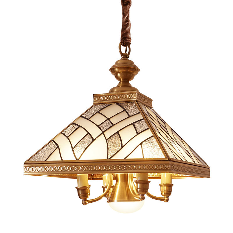 Frosted Glass Brass Chandelier Pyramid 5 Lights Colonialism Down Lighting Pendant for Dining Table Clearhalo 'Ceiling Lights' 'Chandeliers' 'Glass shade' 'Glass' Lighting' 284845