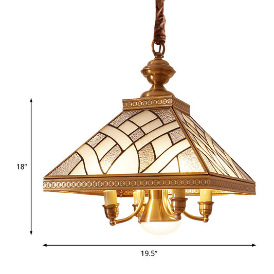 Frosted Glass Brass Chandelier Pyramid 5 Lights Colonialism Down Lighting Pendant for Dining Table Clearhalo 'Ceiling Lights' 'Chandeliers' 'Glass shade' 'Glass' Lighting' 284846