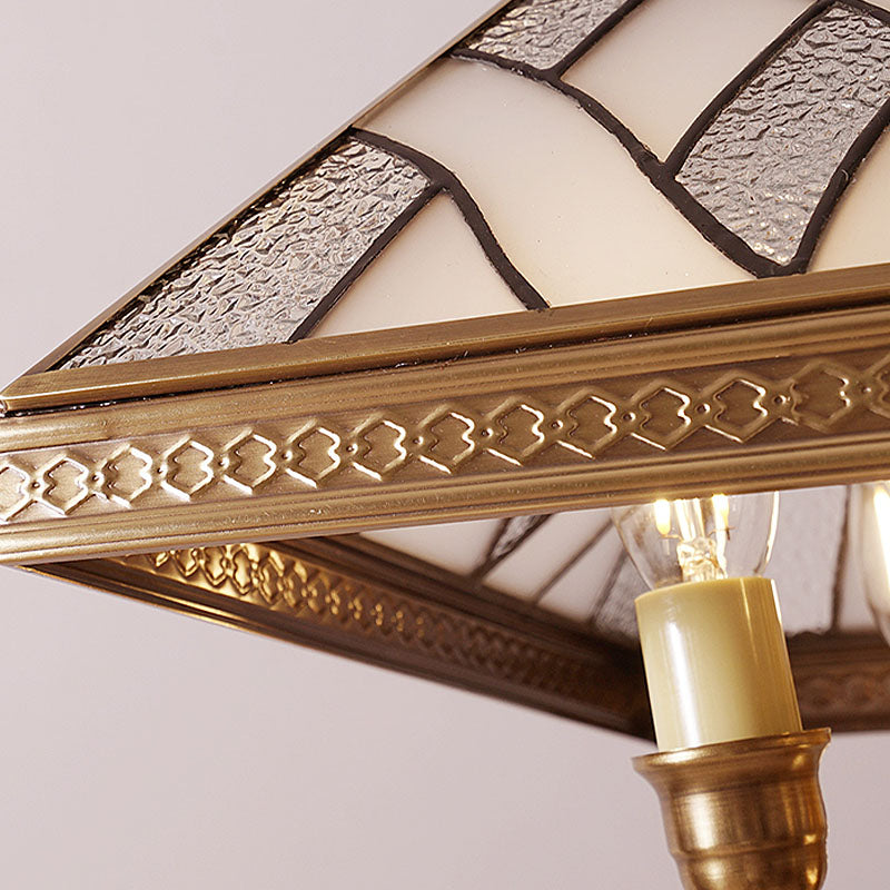 Frosted Glass Brass Chandelier Pyramid 5 Lights Colonialism Down Lighting Pendant for Dining Table Clearhalo 'Ceiling Lights' 'Chandeliers' 'Glass shade' 'Glass' Lighting' 284847