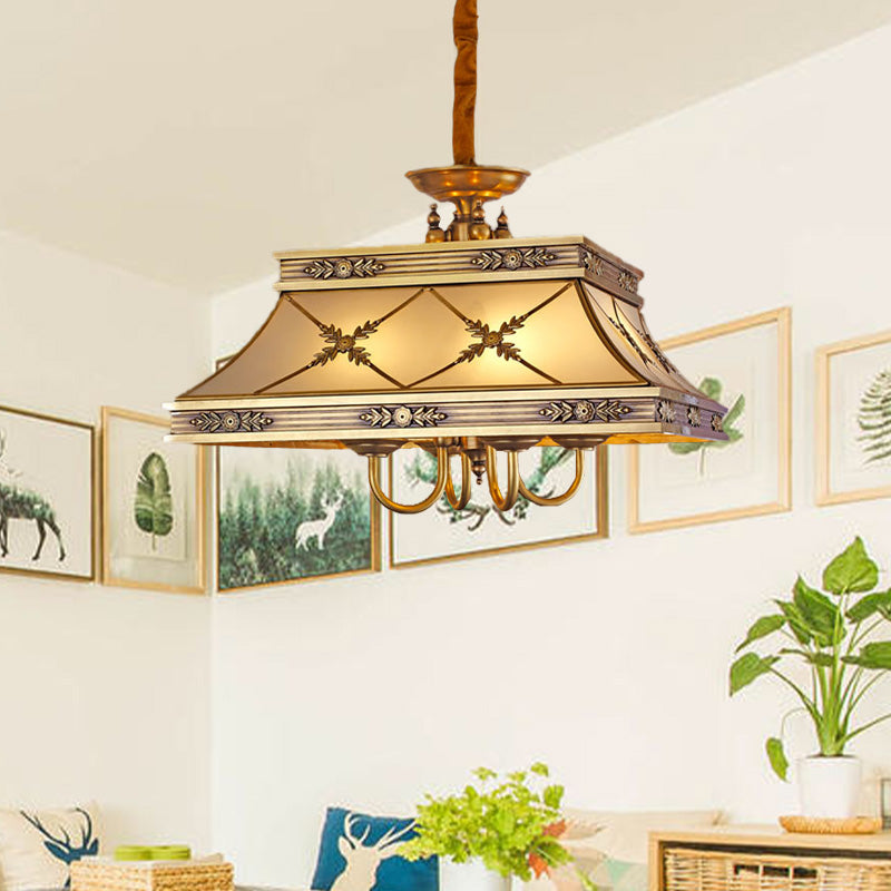 Colonial Trapezoid Hanging Pendant 4 Heads Sandblasted Glass Chandelier Lighting Fixture in Brass Brass Clearhalo 'Ceiling Lights' 'Chandeliers' 'Glass shade' 'Glass' Lighting' 284848