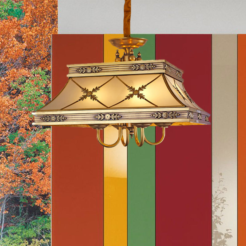 Colonial Trapezoid Hanging Pendant 4 Heads Sandblasted Glass Chandelier Lighting Fixture in Brass Clearhalo 'Ceiling Lights' 'Chandeliers' 'Glass shade' 'Glass' Lighting' 284849