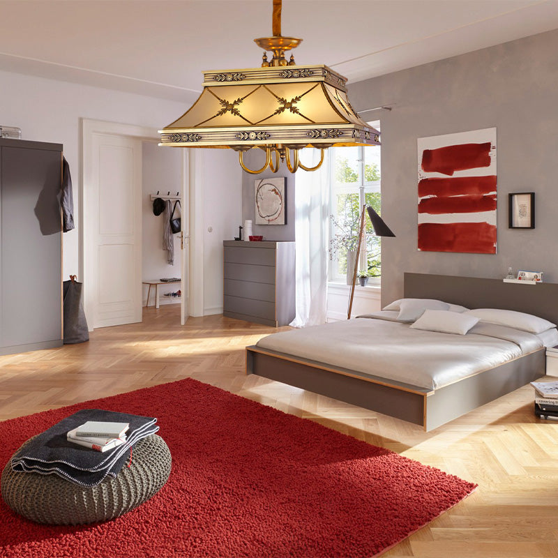 Colonial Trapezoid Hanging Pendant 4 Heads Sandblasted Glass Chandelier Lighting Fixture in Brass Clearhalo 'Ceiling Lights' 'Chandeliers' 'Glass shade' 'Glass' Lighting' 284850