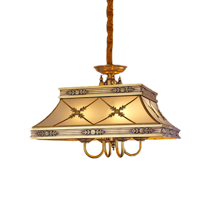 Colonial Trapezoid Hanging Pendant 4 Heads Sandblasted Glass Chandelier Lighting Fixture in Brass Clearhalo 'Ceiling Lights' 'Chandeliers' 'Glass shade' 'Glass' Lighting' 284851