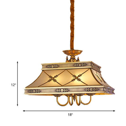 Colonial Trapezoid Hanging Pendant 4 Heads Sandblasted Glass Chandelier Lighting Fixture in Brass Clearhalo 'Ceiling Lights' 'Chandeliers' 'Glass shade' 'Glass' Lighting' 284852