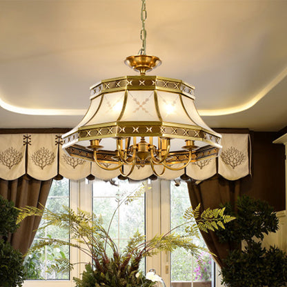 4 Bulbs Sandblasted Glass Chandelier Colonial Brass Bell Bedroom Pendant Lighting Fixture Brass Clearhalo 'Ceiling Lights' 'Chandeliers' 'Glass shade' 'Glass' Lighting' 284875