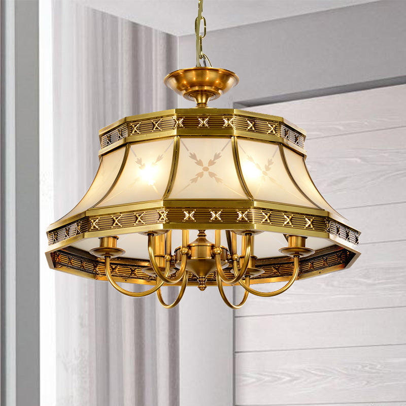 4 Bulbs Sandblasted Glass Chandelier Colonial Brass Bell Bedroom Pendant Lighting Fixture Clearhalo 'Ceiling Lights' 'Chandeliers' 'Glass shade' 'Glass' Lighting' 284876