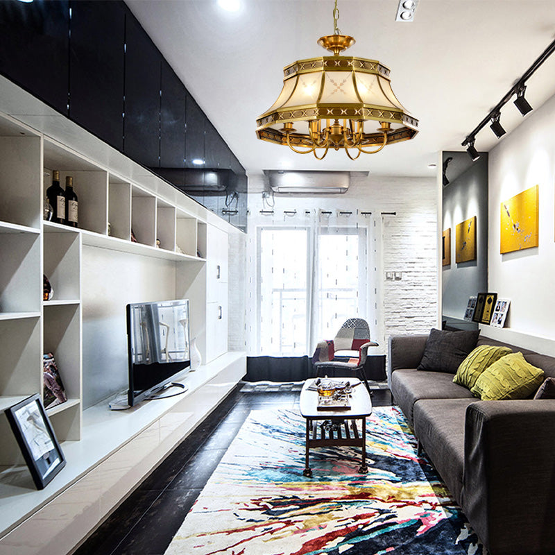 4 Bulbs Sandblasted Glass Chandelier Colonial Brass Bell Bedroom Pendant Lighting Fixture Clearhalo 'Ceiling Lights' 'Chandeliers' 'Glass shade' 'Glass' Lighting' 284877