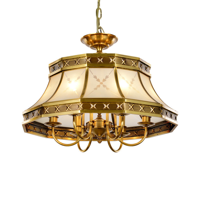 4 Bulbs Sandblasted Glass Chandelier Colonial Brass Bell Bedroom Pendant Lighting Fixture Clearhalo 'Ceiling Lights' 'Chandeliers' 'Glass shade' 'Glass' Lighting' 284878