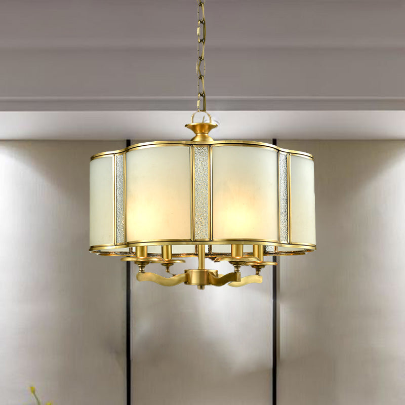 Scalloped Dining Table Pendant Chandelier Colonialism Opal White Glass 3/4 Heads Hanging Ceiling Light 4 White Clearhalo 'Ceiling Lights' 'Chandeliers' 'Glass shade' 'Glass' Lighting' 284881