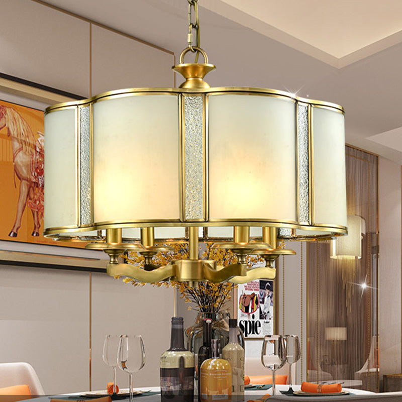 Scalloped Dining Table Pendant Chandelier Colonialism Opal White Glass 3/4 Heads Hanging Ceiling Light Clearhalo 'Ceiling Lights' 'Chandeliers' 'Glass shade' 'Glass' Lighting' 284882