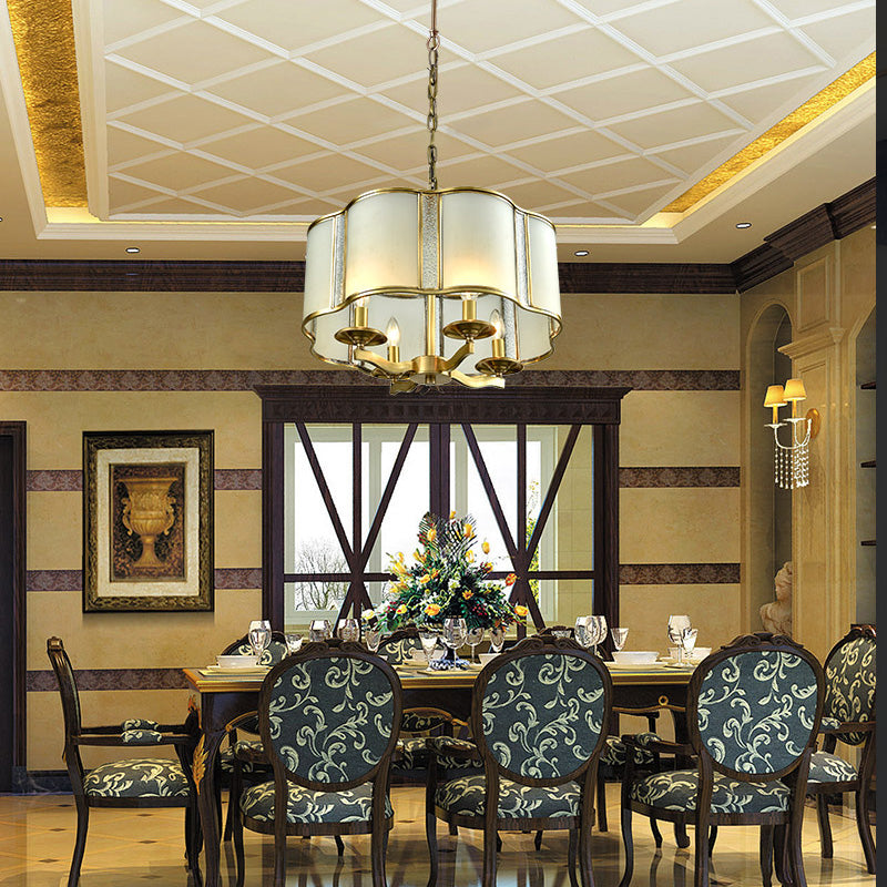 Scalloped Dining Table Pendant Chandelier Colonialism Opal White Glass 3/4 Heads Hanging Ceiling Light Clearhalo 'Ceiling Lights' 'Chandeliers' 'Glass shade' 'Glass' Lighting' 284883