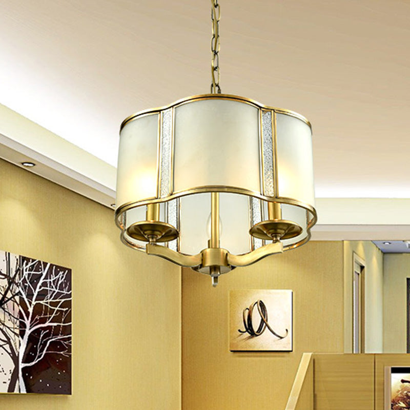 Scalloped Dining Table Pendant Chandelier Colonialism Opal White Glass 3/4 Heads Hanging Ceiling Light 3 White Clearhalo 'Ceiling Lights' 'Chandeliers' 'Glass shade' 'Glass' Lighting' 284887