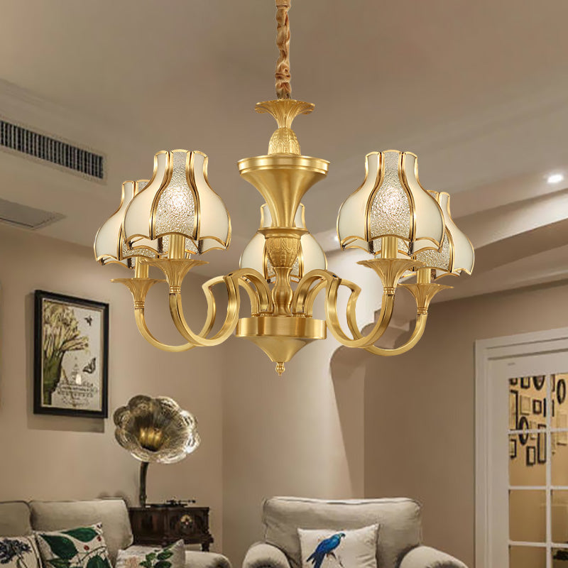Gold 5/6 Heads Chandelier Light Colonialist Metal Curved Arm Suspended Lighting Fixture with Opal-White Glass Shade 5 Gold Clearhalo 'Ceiling Lights' 'Chandeliers' 'Glass shade' 'Glass' Lighting' 284891