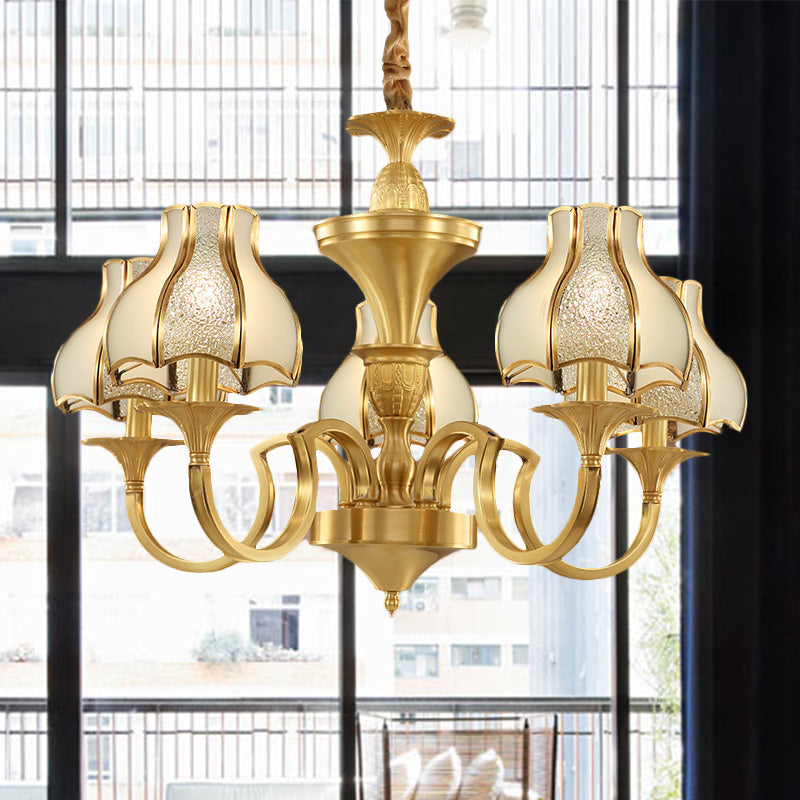Gold 5/6 Heads Chandelier Light Colonialist Metal Curved Arm Suspended Lighting Fixture with Opal-White Glass Shade Clearhalo 'Ceiling Lights' 'Chandeliers' 'Glass shade' 'Glass' Lighting' 284892