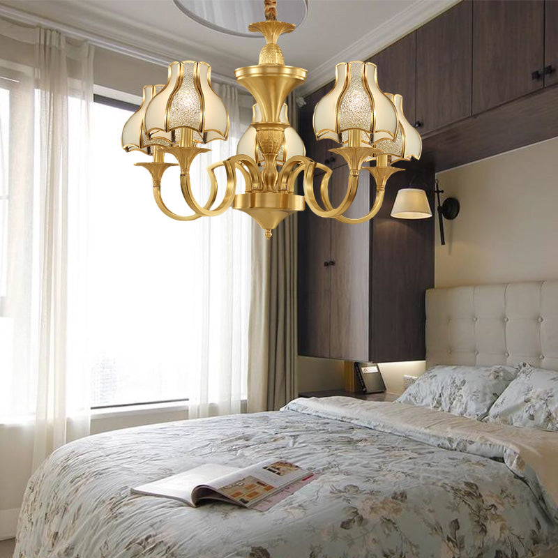 Gold 5/6 Heads Chandelier Light Colonialist Metal Curved Arm Suspended Lighting Fixture with Opal-White Glass Shade Clearhalo 'Ceiling Lights' 'Chandeliers' 'Glass shade' 'Glass' Lighting' 284893