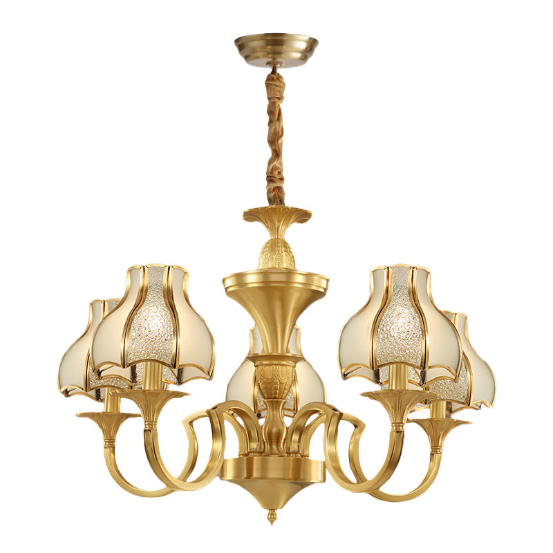 Gold 5/6 Heads Chandelier Light Colonialist Metal Curved Arm Suspended Lighting Fixture with Opal-White Glass Shade Clearhalo 'Ceiling Lights' 'Chandeliers' 'Glass shade' 'Glass' Lighting' 284894