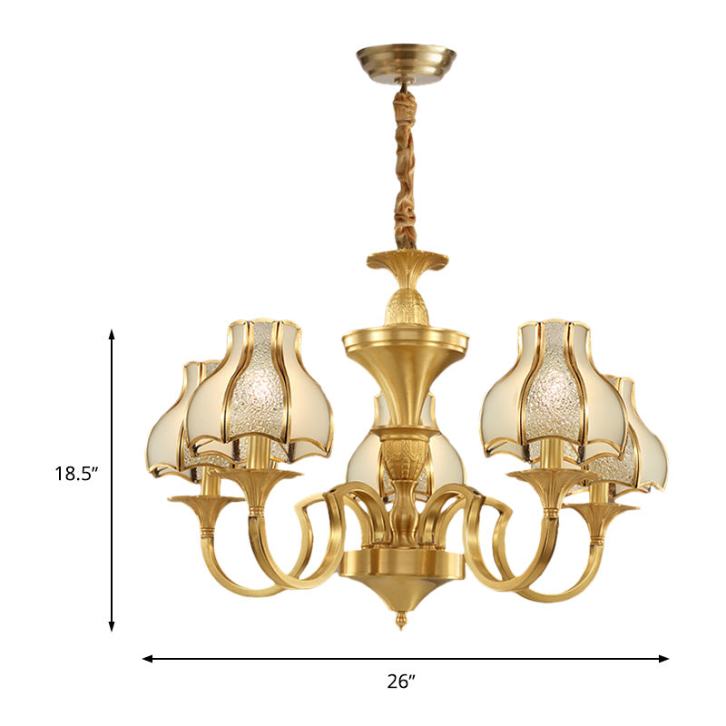 Gold 5/6 Heads Chandelier Light Colonialist Metal Curved Arm Suspended Lighting Fixture with Opal-White Glass Shade Clearhalo 'Ceiling Lights' 'Chandeliers' 'Glass shade' 'Glass' Lighting' 284895