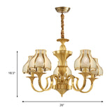 Gold 5/6 Heads Chandelier Light Colonialist Metal Curved Arm Suspended Lighting Fixture with Opal-White Glass Shade Clearhalo 'Ceiling Lights' 'Chandeliers' 'Glass shade' 'Glass' Lighting' 284895