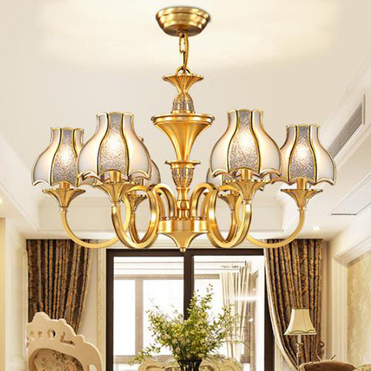Gold 5/6 Heads Chandelier Light Colonialist Metal Curved Arm Suspended Lighting Fixture with Opal-White Glass Shade 6 Gold Clearhalo 'Ceiling Lights' 'Chandeliers' 'Glass shade' 'Glass' Lighting' 284896