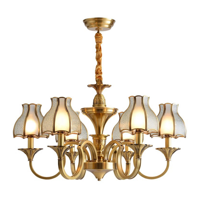 Gold 5/6 Heads Chandelier Light Colonialist Metal Curved Arm Suspended Lighting Fixture with Opal-White Glass Shade Clearhalo 'Ceiling Lights' 'Chandeliers' 'Glass shade' 'Glass' Lighting' 284898