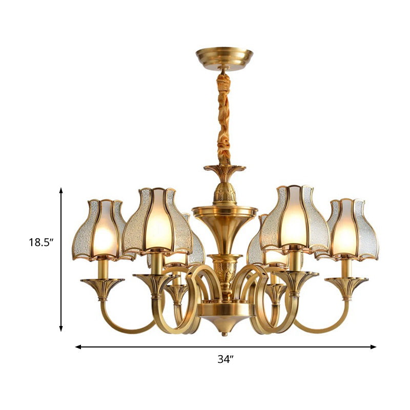 Gold 5/6 Heads Chandelier Light Colonialist Metal Curved Arm Suspended Lighting Fixture with Opal-White Glass Shade Clearhalo 'Ceiling Lights' 'Chandeliers' 'Glass shade' 'Glass' Lighting' 284899