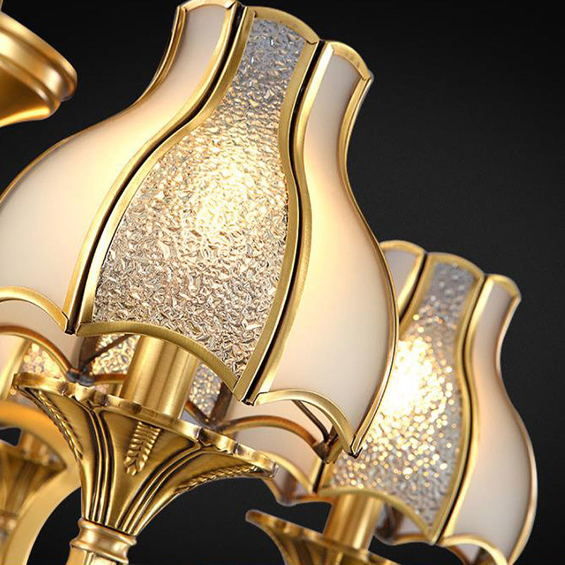 Gold 5/6 Heads Chandelier Light Colonialist Metal Curved Arm Suspended Lighting Fixture with Opal-White Glass Shade Clearhalo 'Ceiling Lights' 'Chandeliers' 'Glass shade' 'Glass' Lighting' 284900