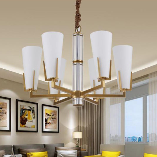 Colonial Conical Chandelier Lighting Fixture 6/8 Heads Frosted White Opal Glass Pendant Ceiling Light for Living Room 6 White Clearhalo 'Ceiling Lights' 'Chandeliers' 'Glass shade' 'Glass' Lighting' 284928