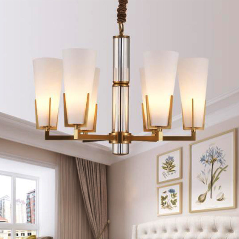 Colonial Conical Chandelier Lighting Fixture 6/8 Heads Frosted White Opal Glass Pendant Ceiling Light for Living Room Clearhalo 'Ceiling Lights' 'Chandeliers' 'Glass shade' 'Glass' Lighting' 284929