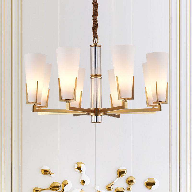 Colonial Conical Chandelier Lighting Fixture 6/8 Heads Frosted White Opal Glass Pendant Ceiling Light for Living Room 8 White Clearhalo 'Ceiling Lights' 'Chandeliers' 'Glass shade' 'Glass' Lighting' 284934