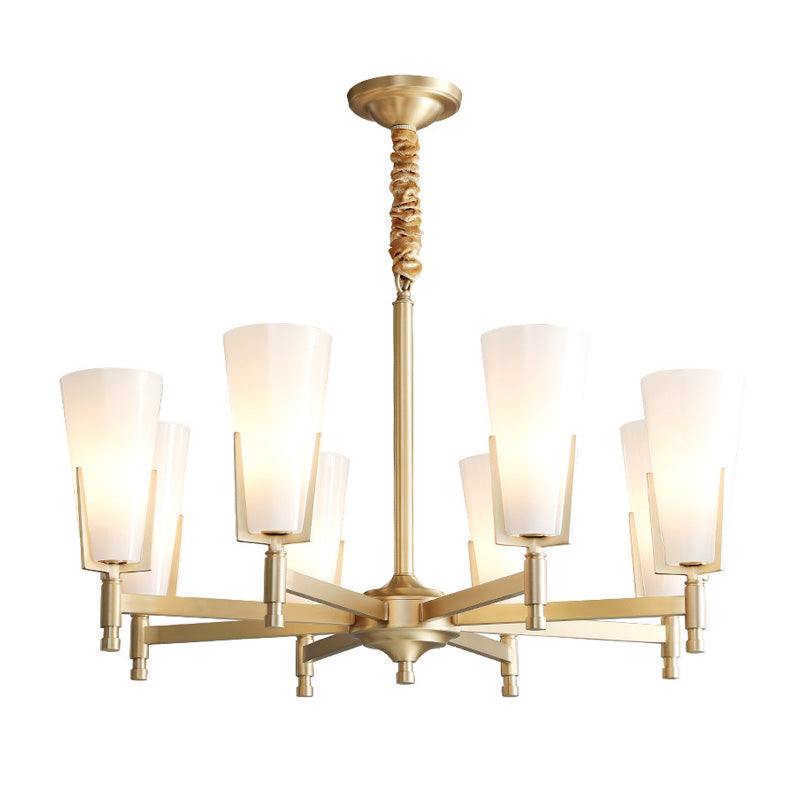 Colonial Conical Chandelier Lighting Fixture 6/8 Heads Frosted White Opal Glass Pendant Ceiling Light for Living Room Clearhalo 'Ceiling Lights' 'Chandeliers' 'Glass shade' 'Glass' Lighting' 284936
