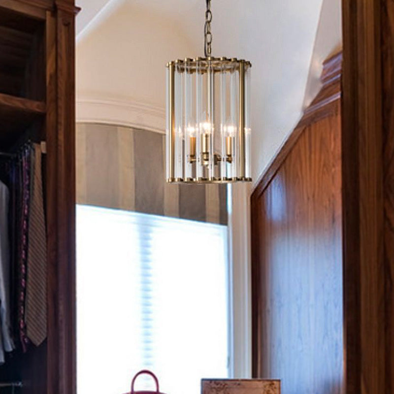 Cylindrical Clear Glass Pendant Chandelier Colonial 3 Bulbs Corridor Hanging Light Clear Clearhalo 'Ceiling Lights' 'Chandeliers' 'Glass shade' 'Glass' Lighting' 284944