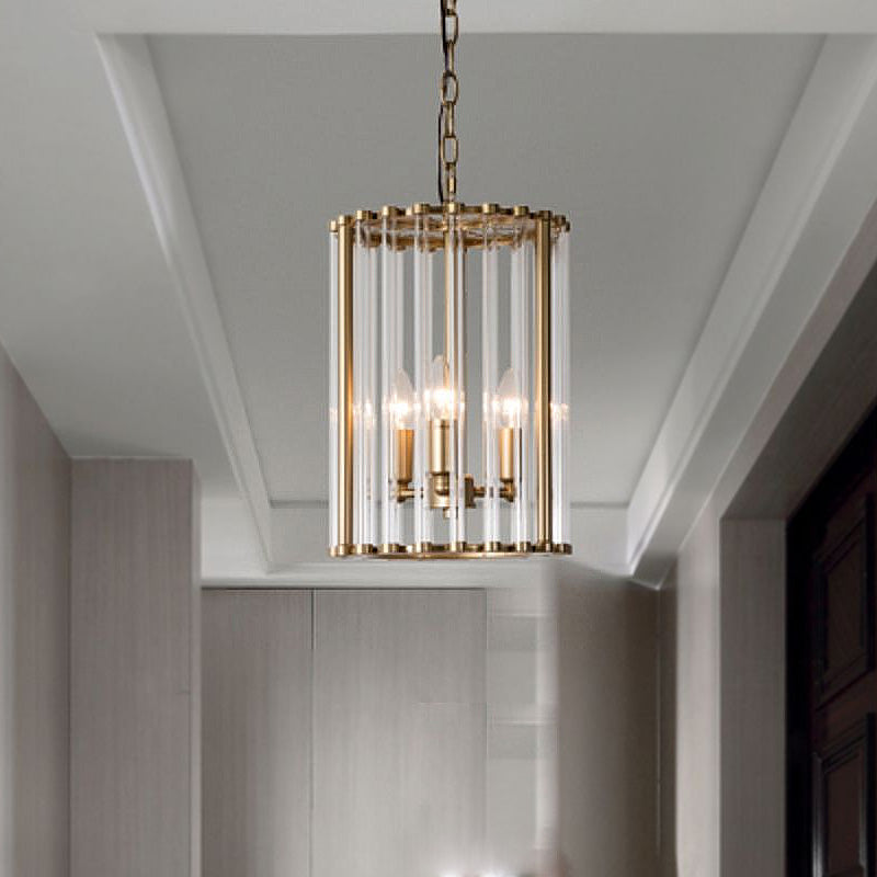 Cylindrical Clear Glass Pendant Chandelier Colonial 3 Bulbs Corridor Hanging Light Clearhalo 'Ceiling Lights' 'Chandeliers' 'Glass shade' 'Glass' Lighting' 284945