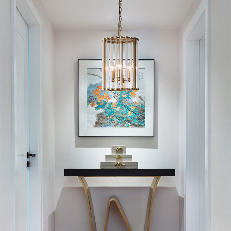 Cylindrical Clear Glass Pendant Chandelier Colonial 3 Bulbs Corridor Hanging Light Clearhalo 'Ceiling Lights' 'Chandeliers' 'Glass shade' 'Glass' Lighting' 284946