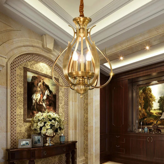 3 Bulbs Candle Hanging Chandelier Colonial Gold Metal Ceiling Suspension Lamp for Restaurant Clearhalo 'Ceiling Lights' 'Chandeliers' Lighting' options 285003