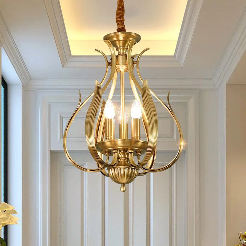 3 Bulbs Candle Hanging Chandelier Colonial Gold Metal Ceiling Suspension Lamp for Restaurant Clearhalo 'Ceiling Lights' 'Chandeliers' Lighting' options 285004