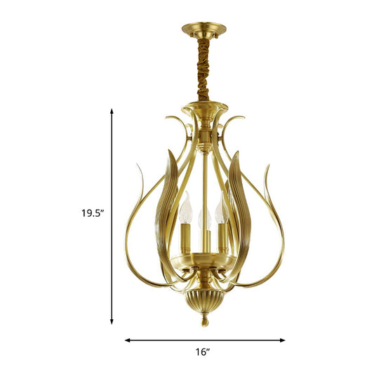 3 Bulbs Candle Hanging Chandelier Colonial Gold Metal Ceiling Suspension Lamp for Restaurant Clearhalo 'Ceiling Lights' 'Chandeliers' Lighting' options 285007