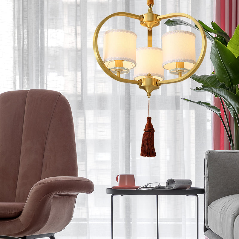 3/6 Lights Dining Room Chandelier Lamp Traditional Brass Ceiling Light with Drum Fabric Shade Clearhalo 'Ceiling Lights' 'Chandeliers' 'Glass shade' 'Glass' 'Pendant Lights' Lighting' 285115