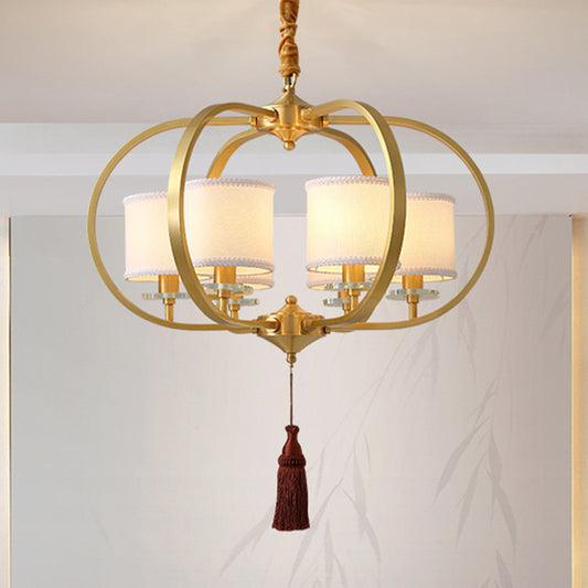 3/6 Lights Dining Room Chandelier Lamp Traditional Brass Ceiling Light with Drum Fabric Shade 6 Brass Clearhalo 'Ceiling Lights' 'Chandeliers' 'Glass shade' 'Glass' 'Pendant Lights' Lighting' 285118