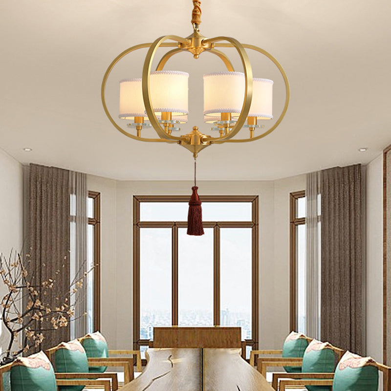 3/6 Lights Dining Room Chandelier Lamp Traditional Brass Ceiling Light with Drum Fabric Shade Clearhalo 'Ceiling Lights' 'Chandeliers' 'Glass shade' 'Glass' 'Pendant Lights' Lighting' 285119