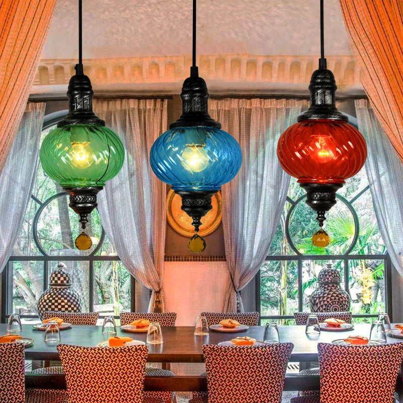 1 Light Pendant Lighting Moroccan Oval Red/Blue/Green Textured Glass Hanging Ceiling Light for Restaurant Clearhalo 'Ceiling Lights' 'Chandeliers' 'Glass shade' 'Glass' 'Pendant Lights' 'Pendants' Lighting' 285131