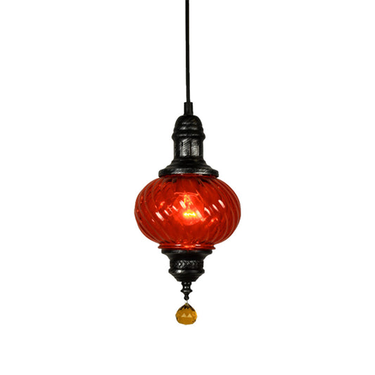 1 Light Pendant Lighting Moroccan Oval Red/Blue/Green Textured Glass Hanging Ceiling Light for Restaurant Clearhalo 'Ceiling Lights' 'Chandeliers' 'Glass shade' 'Glass' 'Pendant Lights' 'Pendants' Lighting' 285132