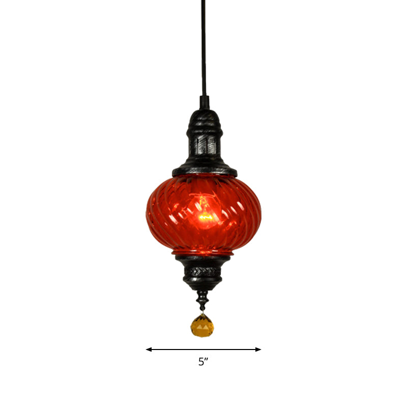 1 Light Pendant Lighting Moroccan Oval Red/Blue/Green Textured Glass Hanging Ceiling Light for Restaurant Clearhalo 'Ceiling Lights' 'Chandeliers' 'Glass shade' 'Glass' 'Pendant Lights' 'Pendants' Lighting' 285133