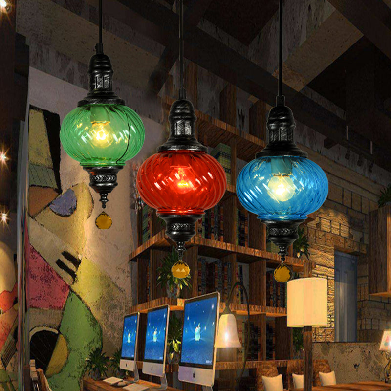 1 Light Pendant Lighting Moroccan Oval Red/Blue/Green Textured Glass Hanging Ceiling Light for Restaurant Clearhalo 'Ceiling Lights' 'Chandeliers' 'Glass shade' 'Glass' 'Pendant Lights' 'Pendants' Lighting' 285135